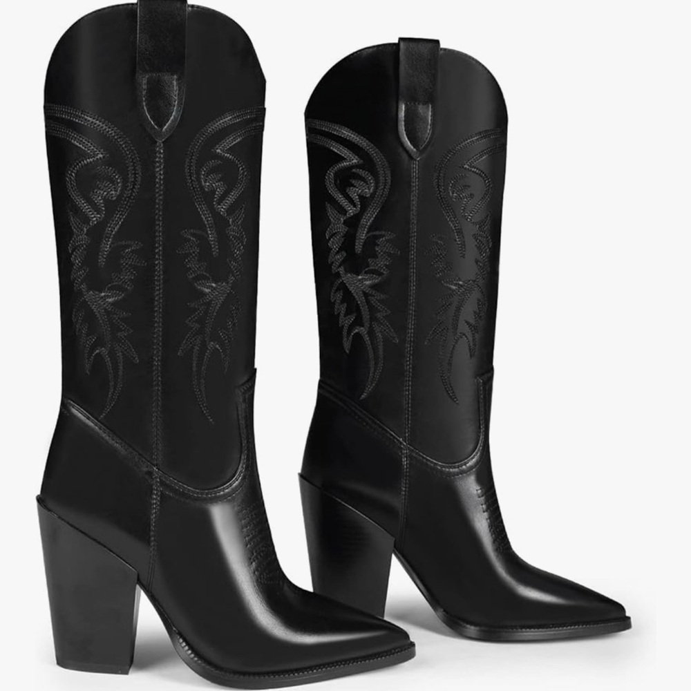 Elegant Black Embroidered Heeled Boots